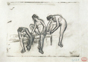 Edgar Degas: «Tres bailarinas desnudas descansando». C. 1891-1892 (Trois danseuses nues, au repos). Lápiz negro y pastel sobre litografía, 19 x7 x 27 cm. Colección E.W.K.
