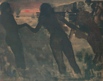 Edgar Degas: «Campesinas bañándose en el mar al atardecer», 1875-1879 (Petites paysannes se baignant á la mer vers le soir). Óleo sobre lienzo, 61 x 81 cm. Colección privada.