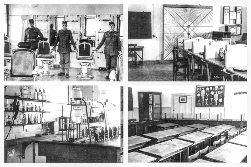 Diferentes locales de la Escuela en sus primeros años de existencia: peluquería, laboratorios y dos tipos diferentes de aulas.