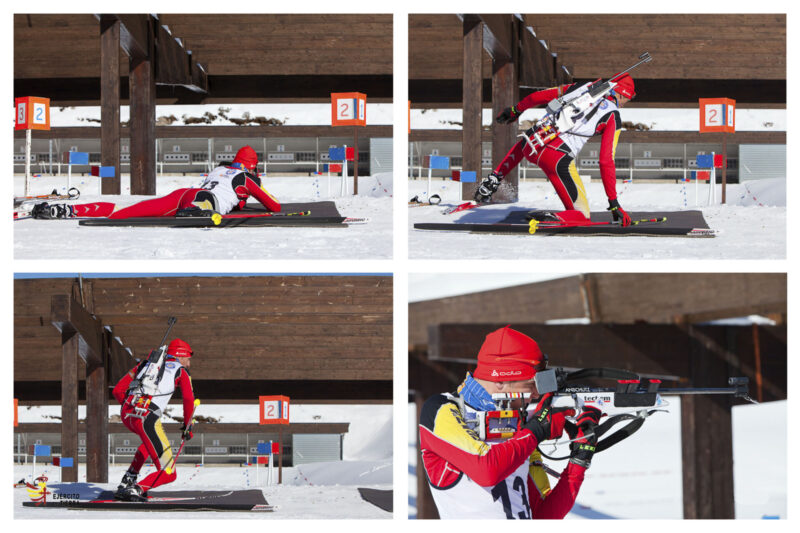 Equipo de Esquí del Ejército de Tierra. Cuatro escenas que muestran los diferentes momentos de enfrentarse al blanco en la disciplina de biathlon.