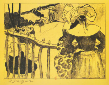 Paul Gauguin: «Bretonas junto a una cerca», 1889 (Bretonnes á la barrière). Zincografía, 170 × 215 mm (Guérin n. 4) Institut national d'histoire de l'art, Bibliothéque, collections Jacques Doucet, París.