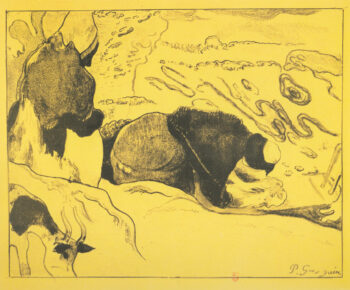 Paul Gauguin: «Las lavanderas», 1889 (Les laveuses). Zincografía, 212 × 265 mm (Guérin n. 6) Institut national d'histoire de l'art, Bibliothéque, collections Jacques Doucet, París.