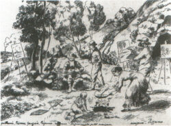 George Manzana-Pissarro: «Picnic impresionista», 1881. (Guillaumin, Pissarro, Gauguin, Cézanne, Mme. Cézanne, le petit Manzana). Pluma y tinta. Colección privada