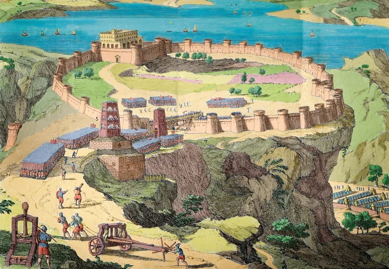 El sitio de Masada. Este grabado en color, procedente de una edición de la Historia de Polibio en el siglo XVIII, evoca la fortaleza de Masada y el asedio romano. Foto: Bridgeman / ACI.
