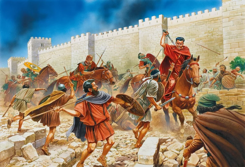 Un grupo de guerreros judíos lucha contra legionarios romanos a caballo durante la defensa de una fortaleza. Dibujo por Peter Dennis. Foto: Peter Dennis / Osprey Publishing.