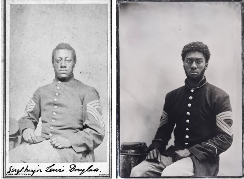 Izquierda: Sargento Mayor Lewis Douglass del 54º USCT de Massachusetts | Derecha: Austin Morris, descendiente directo de Frederick Douglass (padre de Lewis)