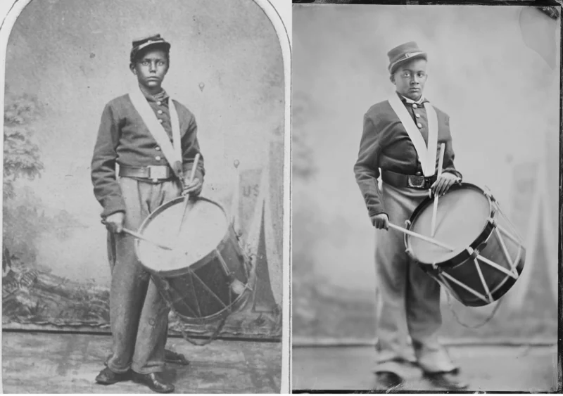 Izquierda: David Miles Moore Jr., tamborilero del 54º de Mass | Derecha: Neikoye Flowers, descendiente directo de David Miles Moore
