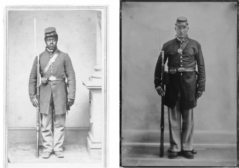 Izquierda: Soldado Louis Troutman del 108º USCT (Imagen cortesía de Drew Gardner y utilizada con permiso de la Colección Thomas Harris) | Derecha: Christopher W. Wilson, descendiente directo de Louis Troutman