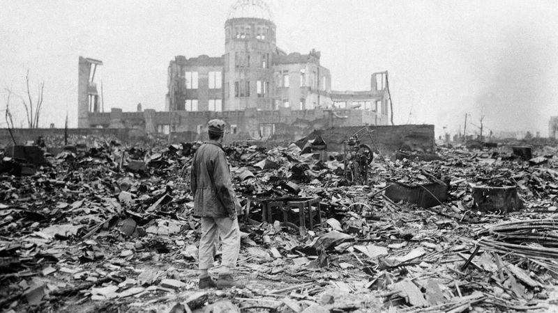 A photograph from 1945 shows some of the devastation in Hiroshima, Japan, after the atomic bomb blast. (Stanley Troutman / AP)