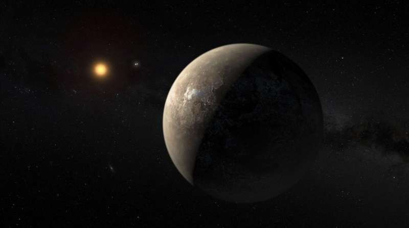 Simulación del exoplaneta Proxima b orbitando alrededor de Proxima Centauri, la estrella más cercana a nuestro Sol, a una distancia de cuatro años luz.