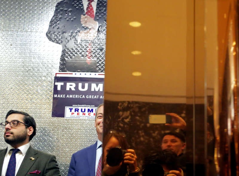 Nigel Farage, center, leader of the U.K. Independence Party, at Trump Tower in New York on Nov. 12. Yana Paskova/Getty Images