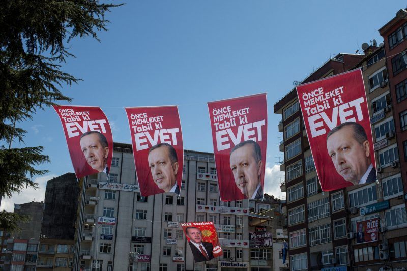 “EVET” (Yes) campaign banners showing the portrait of President Recep Tayyip Erdogan this month in Rize, Turkey. Credit Chris Mcgrath/Getty Images