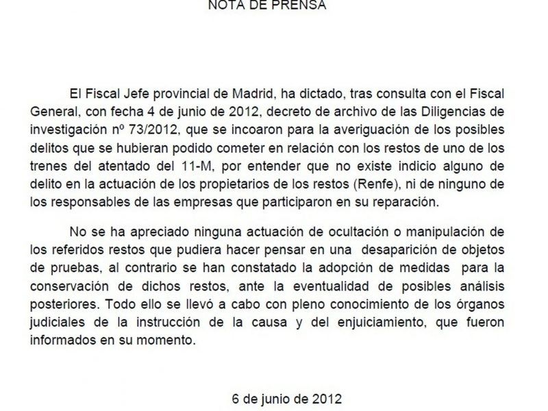 Nota de prensa de la Fiscalía de Madrid de 6 de junio de 2012.