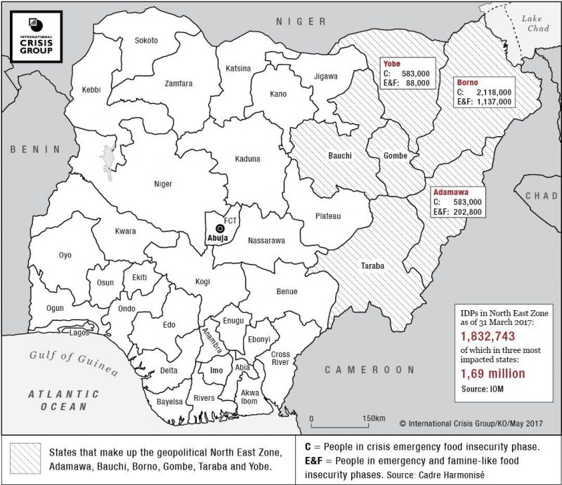 Map of food insecurity in North East Nigeria. International Crisis Group/KO/May 2017
