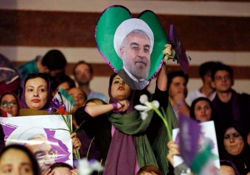 Supporters of Iranian President Hassan Rouhani attend an election rally in Tehran on May 9. (Abedin Taherkanareh/European Pressphoto Agency)