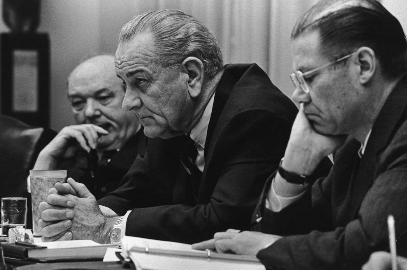 President Lyndon Johnson with Robert McNamara, right, and Dean Rusk in 1967. Credit Hulton Archive/Getty Images