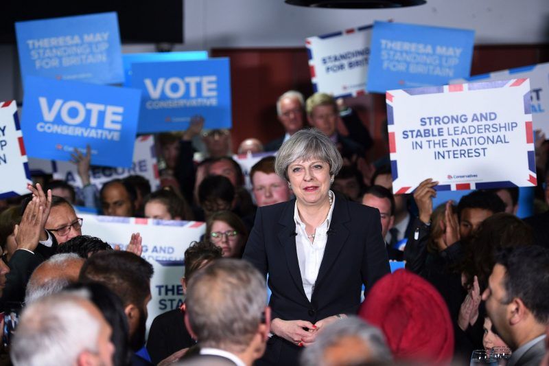 Prime Minister Theresa May of Britain at a campaign rally in Bradford, England, on Monday. Credit Oli Scarff/Agence France-Presse — Getty Images