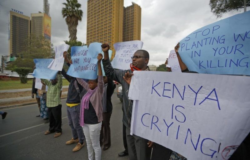 Members of civil society groups protest the killing of Christopher Msando, electoral commission information technology manager, at a demonstration in Nairobi on Tuesday. Msando, an official crucial to running Kenya’s presidential election, was found tortured and killed, the electoral commission chairman said Monday, as concerns grew that the East African nation’s vote could again face dangerous unrest. (Ben Curtis/AP)