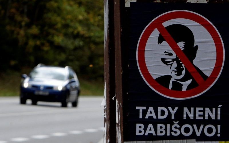 A poster depicting Andrej Babis hangs on a bus stop near the town of Benesov, Czech Republic. It says, “This is not Babis’s land”. (David W. Cerny/Reuters)