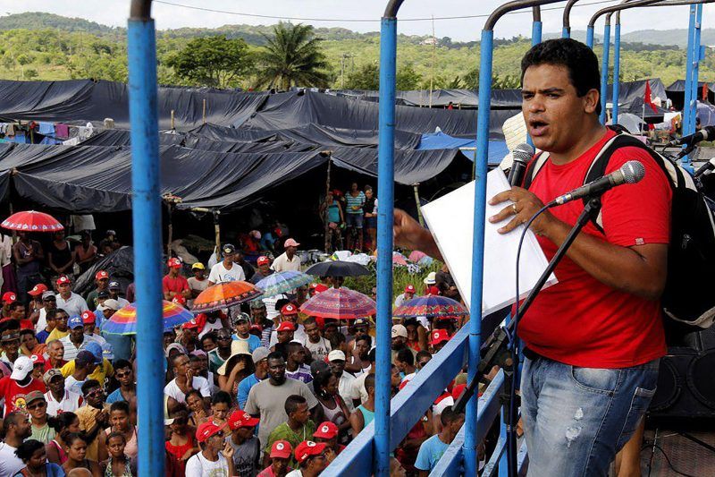 MST activist Márcio Matos addressing a rally at a landless settlement in Bahia state, Brazil.via MST.