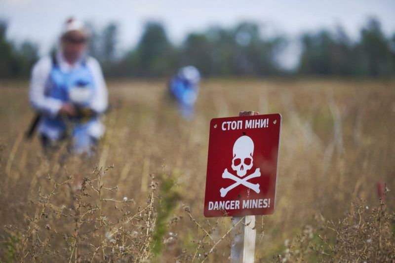 Workers clear a 270,000-square-meter field of mines on Sept. 7, 2017, in Mirna Dolyna, Ukraine. (Pierre Crom/Getty Images)
