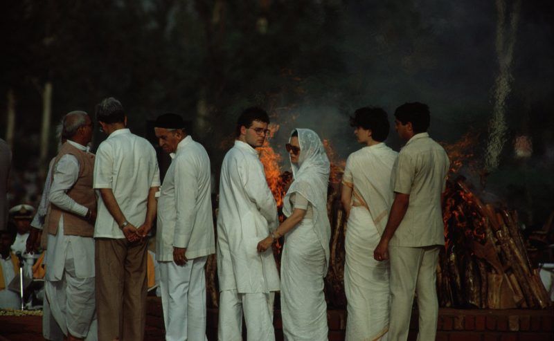Rahul Gandhi, center, with his mother, Sonia, and family at the funeral of his assassinated father, former Prime Minister Rajiv Gandhi, New Delhi, May 24, 1991. Nickelsberg/Liaison/Getty Images