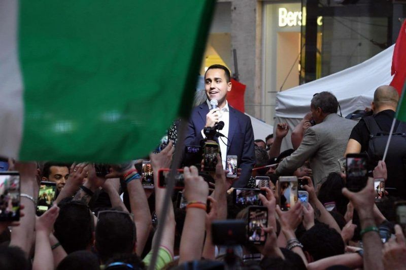 Five Star Movement leader Luigi Di Maio, center, speaks to supporters during a meeting in Naples on Tuesday. Di Maio has called for mass mobilization in support of the party’s bid to impeach President Sergio Mattarella the day after Mattarella refused to approve populist leaders’ choice of an economy minister. (Ciro Fusco/EPA-EFE/Shutterstock)