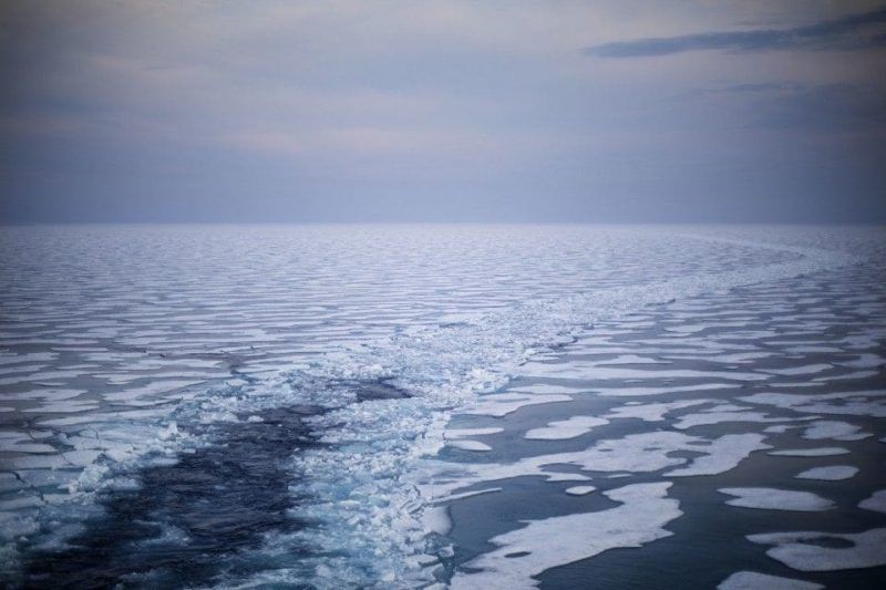 A path remains after the Finnish icebreaker MSV Nordica traversed the Northwest Passage through the Franklin Strait in the Canadian Arctic Archipelago in July 2017. (AP)