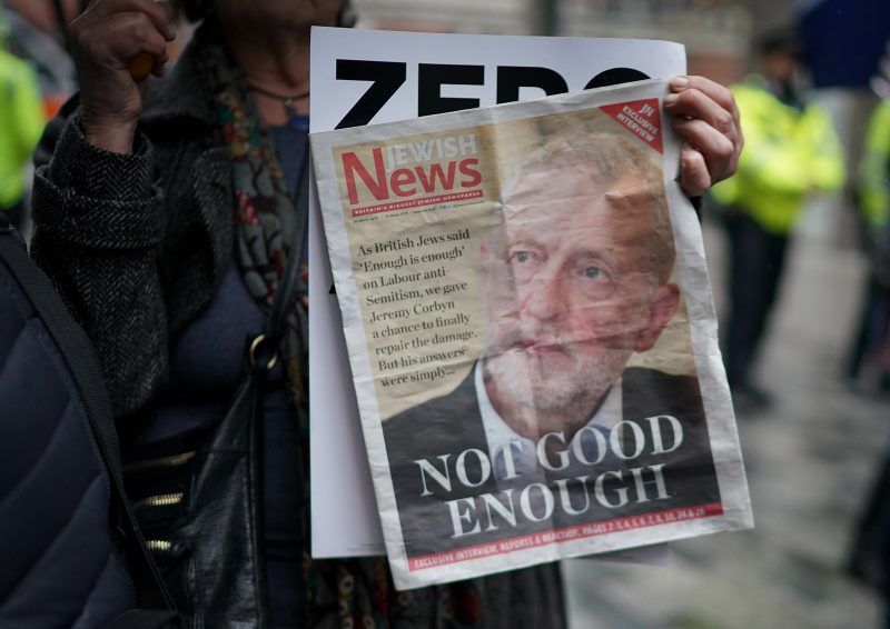 Christopher Furlong/Getty Images A Campaign Against Antisemitism protester outside the Labour Party headquarters, London, April 8, 2018