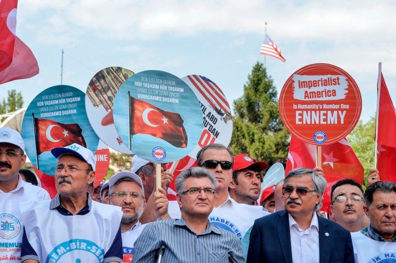 Protesters held placards reading “U.S.A. get out of Middle East” in front of the United States embassy in Ankara, Turkey, earlier this month. Agence France-Presse — Getty Images