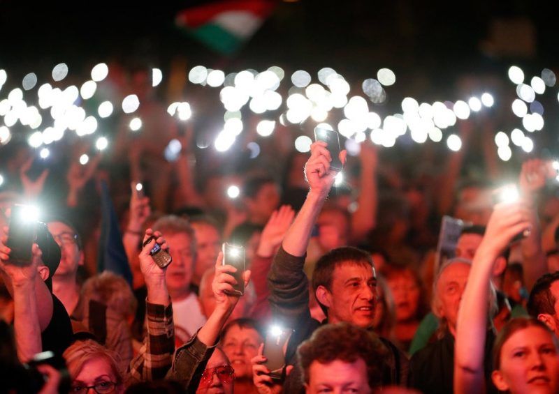 Protesters demanding a free press at a rally in Budapest in April. Laszlo Balogh/Getty Images