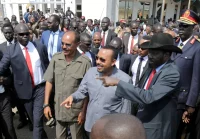 Eritrean President Isaias Afwerki, Ethiopian Prime Minister Abiy Ahmed and South Sudan’s president, Salva Kiir, walk during a meeting in Juba, South Sudan, on Monday. (Jok Solomun/Reuters)
