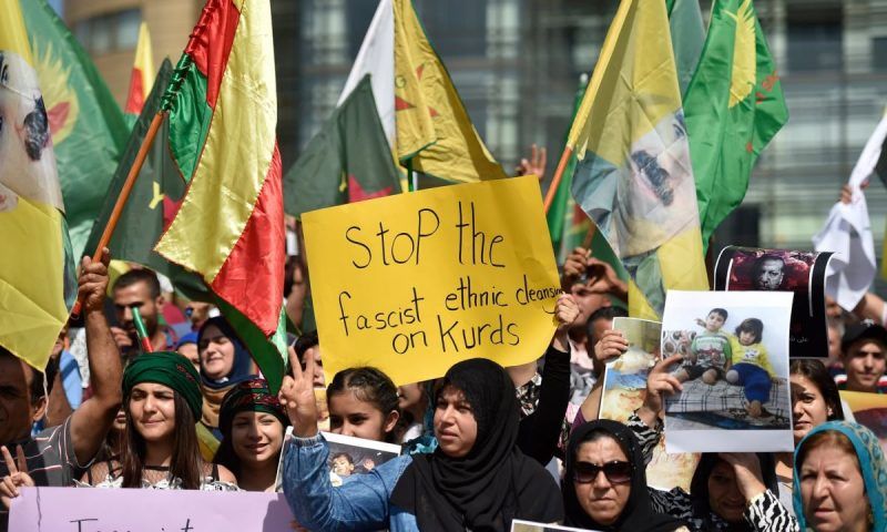 Photograph: Wael Hamzeh/EPA. Kurds protest at the United Nations building in Beirut, Lebanon, on 11 October 2019 against Turkey’s attacks on Syria.