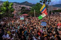 Demonstrators attend a concert in Medellin in support of the strike against Colombian President Iván Duque's government on Saturday. (Joaquin Sarmiento/AFP/Getty Images)