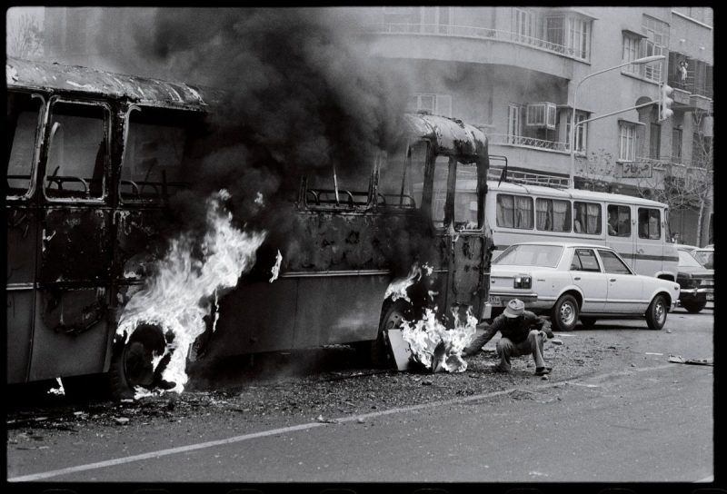 Vehicles were set afire during protests in December 1978.