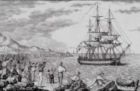 El María Pita partiendo del puerto de A Coruña en 1803 (grabado de Francisco Pérez). Wikimedia Commons / Francisco Pérez
