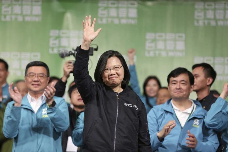 Taiwanese President Tsai Ing-wen celebrates her victory with supporters in Taipei. (Chiang Ying-Ying/AP)