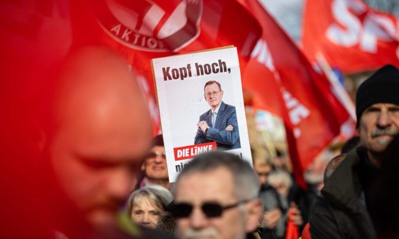 Demonstrators hold up a poster of Thuringia’s former state premier, Bodo Ramelow, of the leftwing Die Linke party during an anti-fascist protest this month. Photograph: Jens Schlueter/AFP via Getty Images