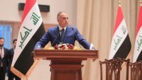 Iraqi PM-designate Mustafa al-Kadhimi who is at the parliament for vote of confidence in Baghdad, Iraq makes a speech on May 06, 2020. Anadolu Agency via AFP