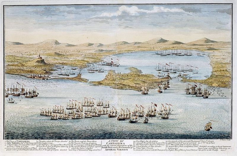 Vista de Cartagena de Indias con las diversas disposiciones de la flota británica bajo el mando del almirante Vernon (Isaac Basire, Londres 1741). Wikimedia Commons / Biblioteca Nacional de Colombia