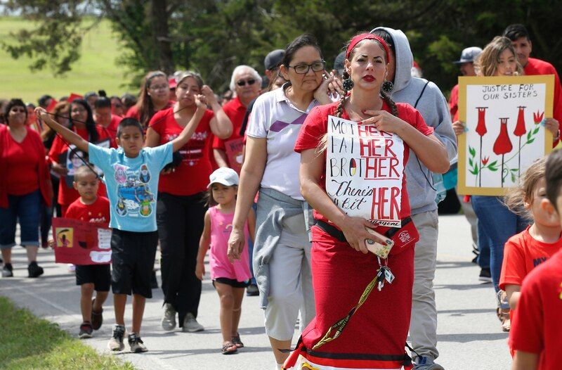 Miranda Muehl, of Mustang, Okla., marches during a protest for justice for missing and murdered indigenous women in Concho, Okla. on June 14, 2019. (Sue Ogrocki/AP)