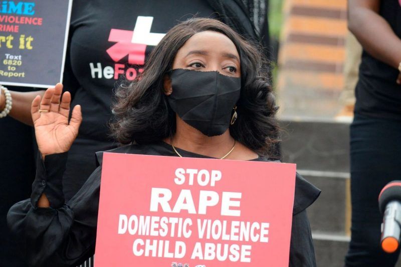 Ibijoke Sanwo-Olu, wife of the governor of Lagos State in Nigeria, at a Men Against Rape walk in June. Credit Adekunle Ajayi/NurPhoto, via Getty Images
