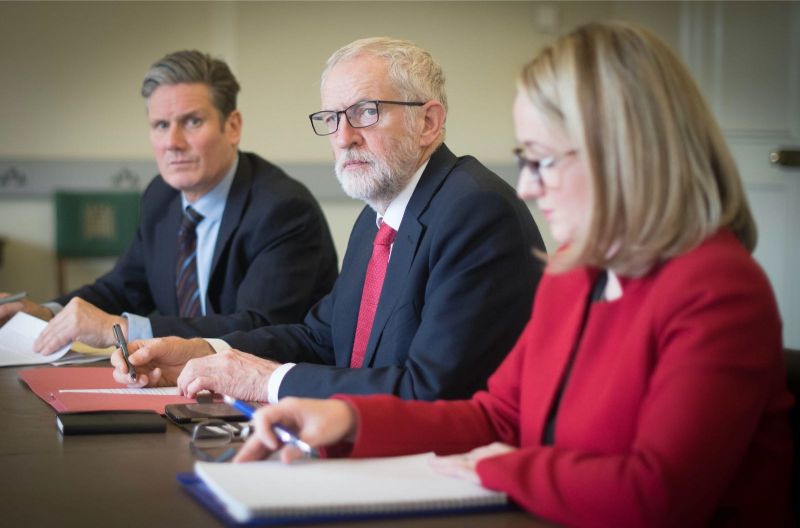   Stefan Rousseau/PA Images via Getty Images  Then Labour Party leader Jeremy Corbyn (center), flanked by shadow cabinet members Keir Starmer and Rebecca Long-Bailey, at a meeting about Brexit in Parliament, London, March 2019; since then, Starmer has become party leader, while Long-Bailey has been demoted and Corbyn has been suspended, both over matters relating to Labour’s problems with anti-Semitism