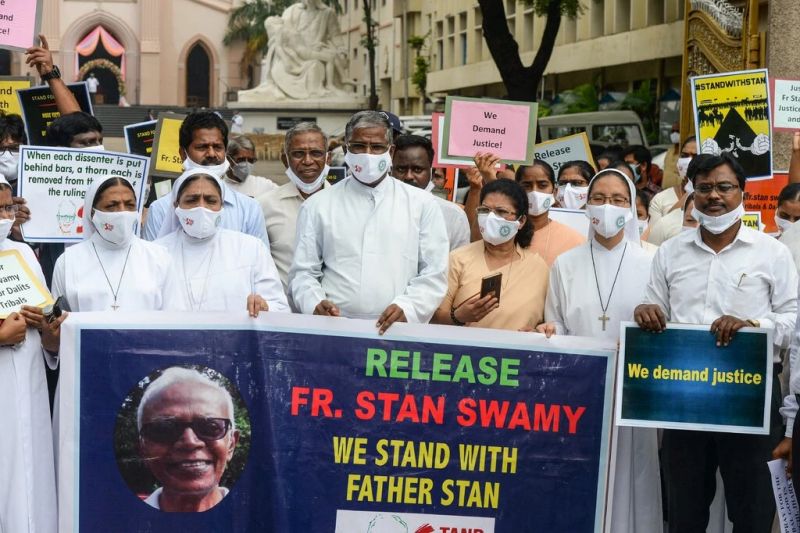 Catholic priests and nuns in Secunderabad, India protest against the arrest of Father Stan Swamy in October. Credit Noah Seelam/Agence France-Presse — Getty Images