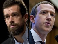 Twitter's Jack Dorsey, left, and Mark Zuckerberg of Facebook. (Andrew Harrer/Source: Bloomberg)