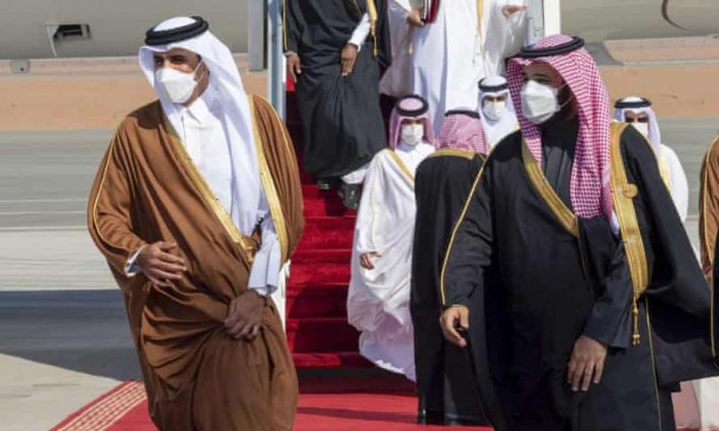 Qatar’s emir, Sheikh Tamim bin Hamad al-Thani, and Saudi Arabia’s crown prince, Mohammed bin Salman, in Al-Ula, Saudi Arabia, January 2021. Photograph: AP