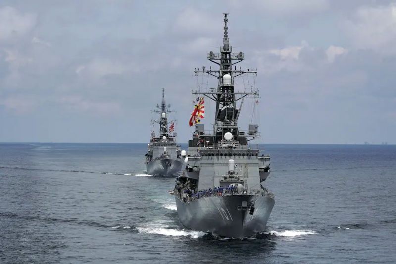 Japan's Maritime Self-Defense Force destroyers JS Murasame and JS Akebono participate in a drill off the coast of Brunei In 2019. (Emily Wang/AP)