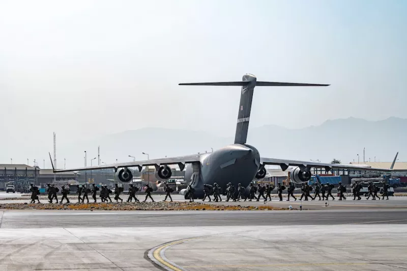 U.S. soldiers assigned to the 82nd Airborne Division arrive to provide security in support of Operation Allies Refuge at Hamid Karzai International Airport in Kabul on Aug. 20. (Us Air Force/Via Reuters)