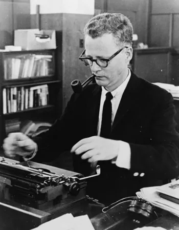 Murray Kempton, seated at a typewriter in 1964. (Al Ravenna/World Telegram & Sun/Library of Congress)