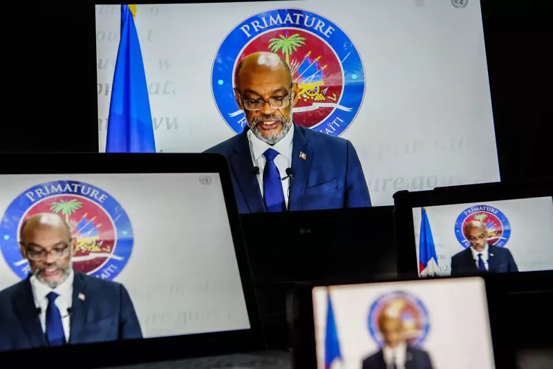Ariel Henry, Haiti’s acting prime minister, addressing the United Nations General Assembly via video in September. His proposal for new elections lacks sufficient reforms. Credit Christopher Goodney/Bloomberg via Getty Images